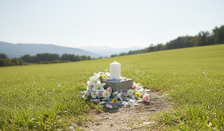 Tranquil memorial setting with candle and flowers in nature for Center Valley, PA funeral home and cremations