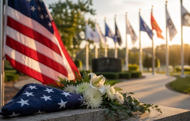 veterans memorial with American flags and white flowers at funeral homes Hellertown, PA