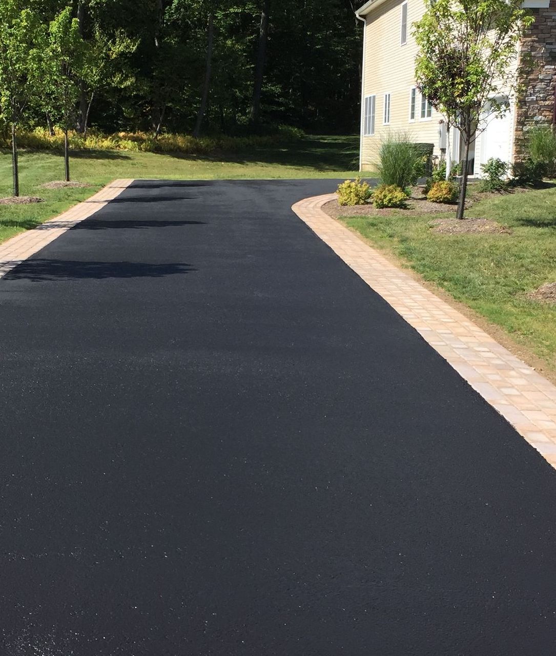 A black asphalt driveway leading to a house