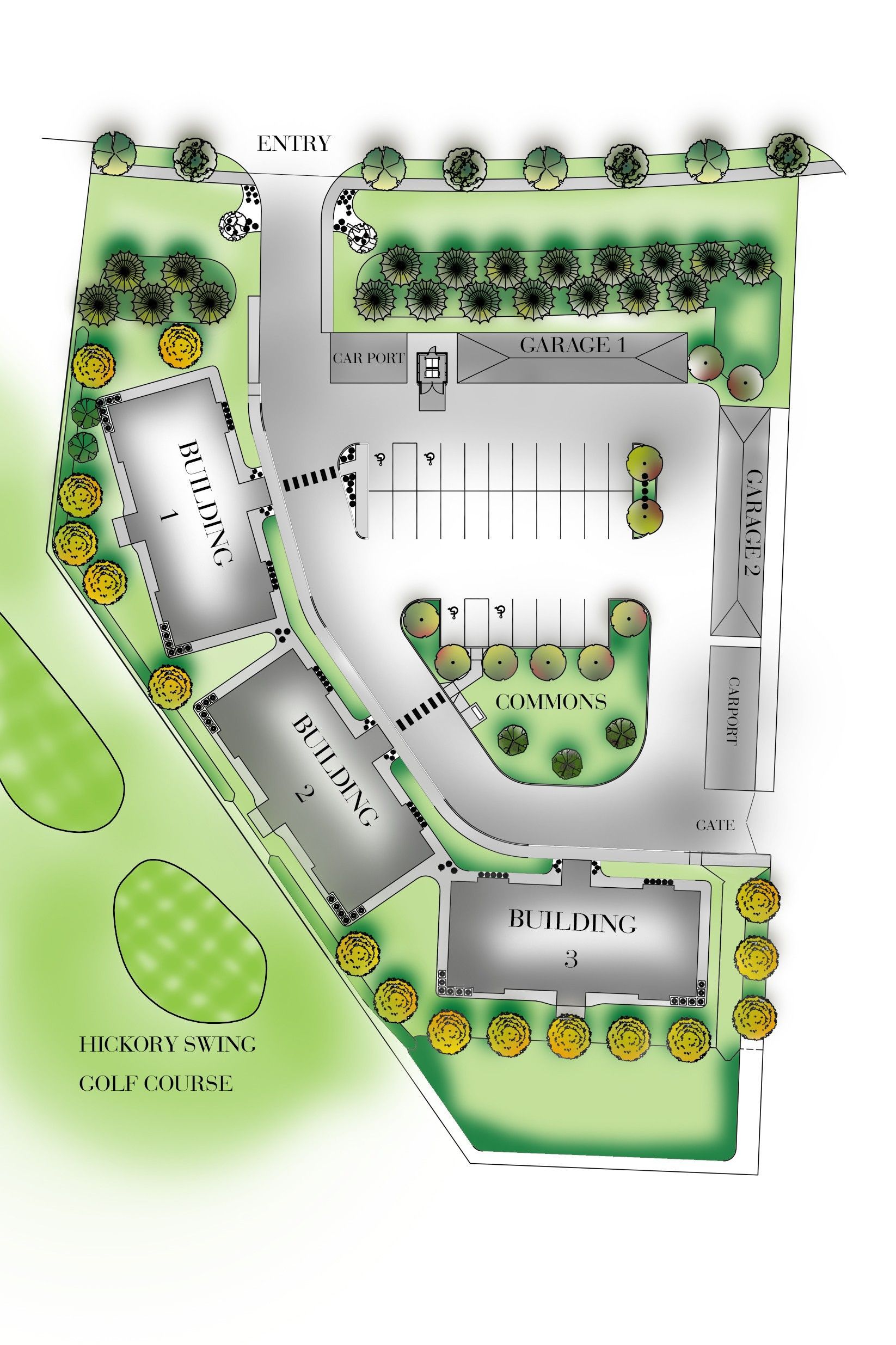 An aerial view of a parking lot with lots of trees