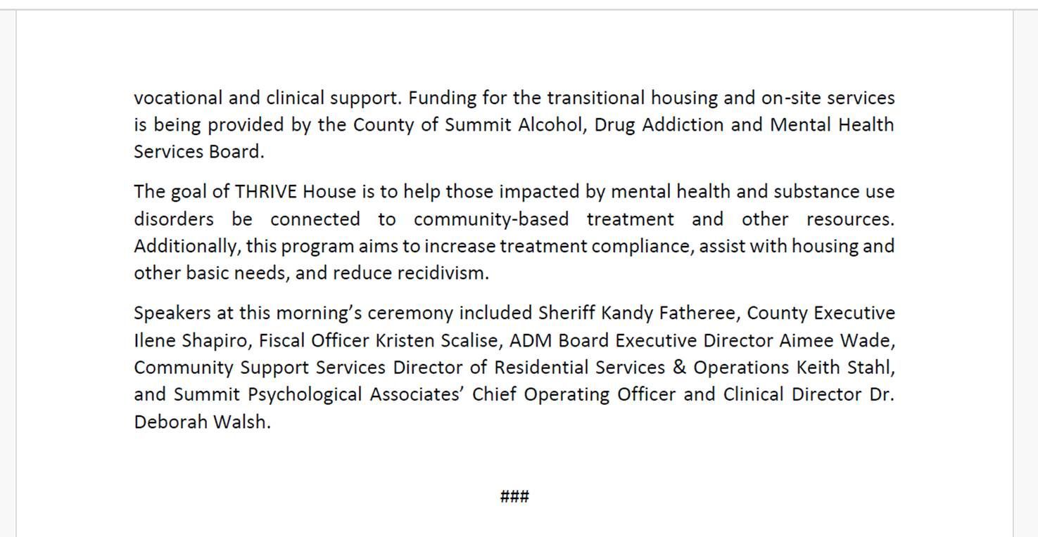 Press Release about Thrive House