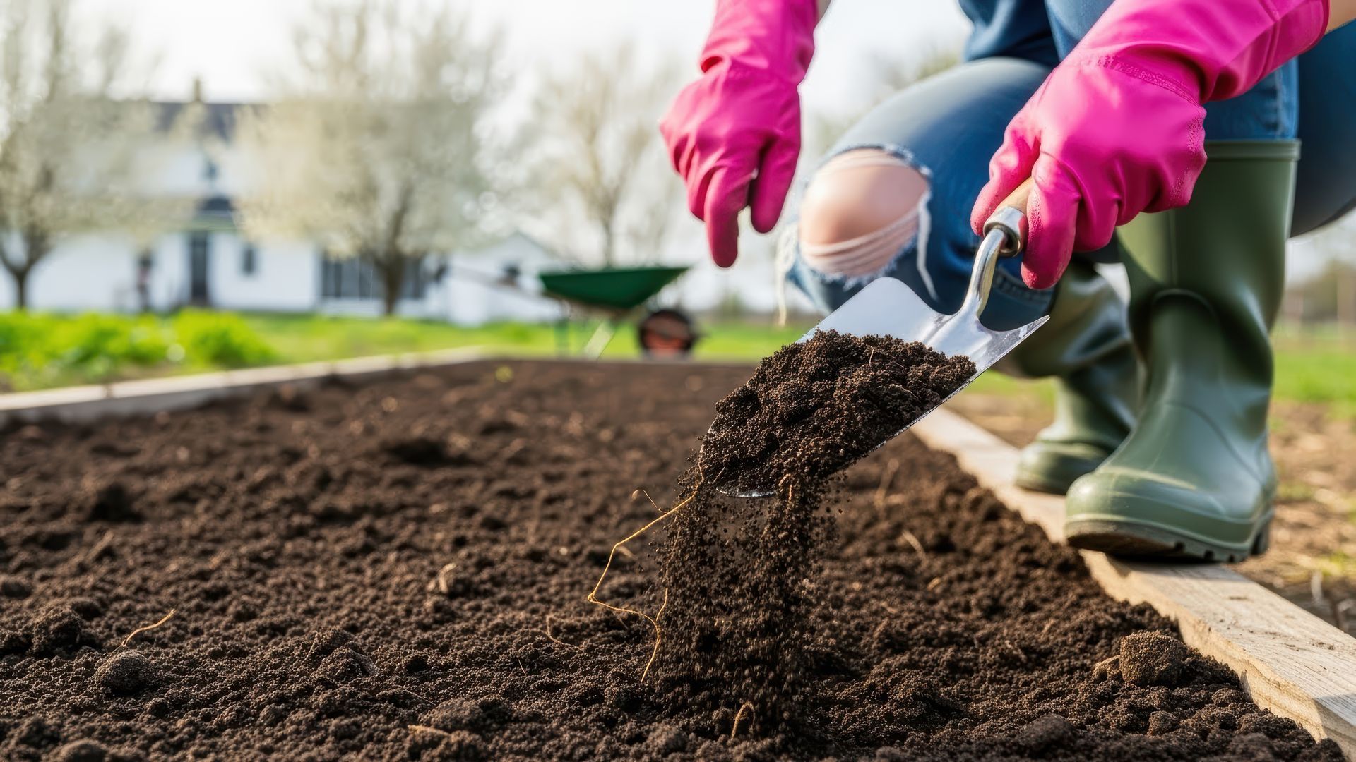 Person in pink gloves and green boots gardening in a raised bed, using a trowel to move soil. Person in pink gloves and green boots gardening in a raised bed, using a trowel to move soil.