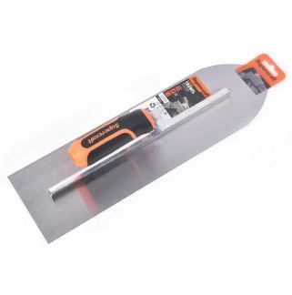 A stainless steel trowel with an orange handle on a white background.