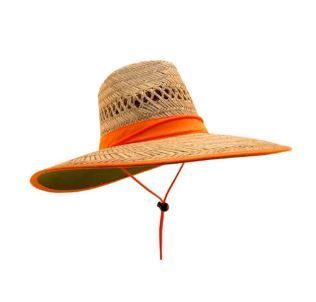 A straw hat with an orange band on a white background.