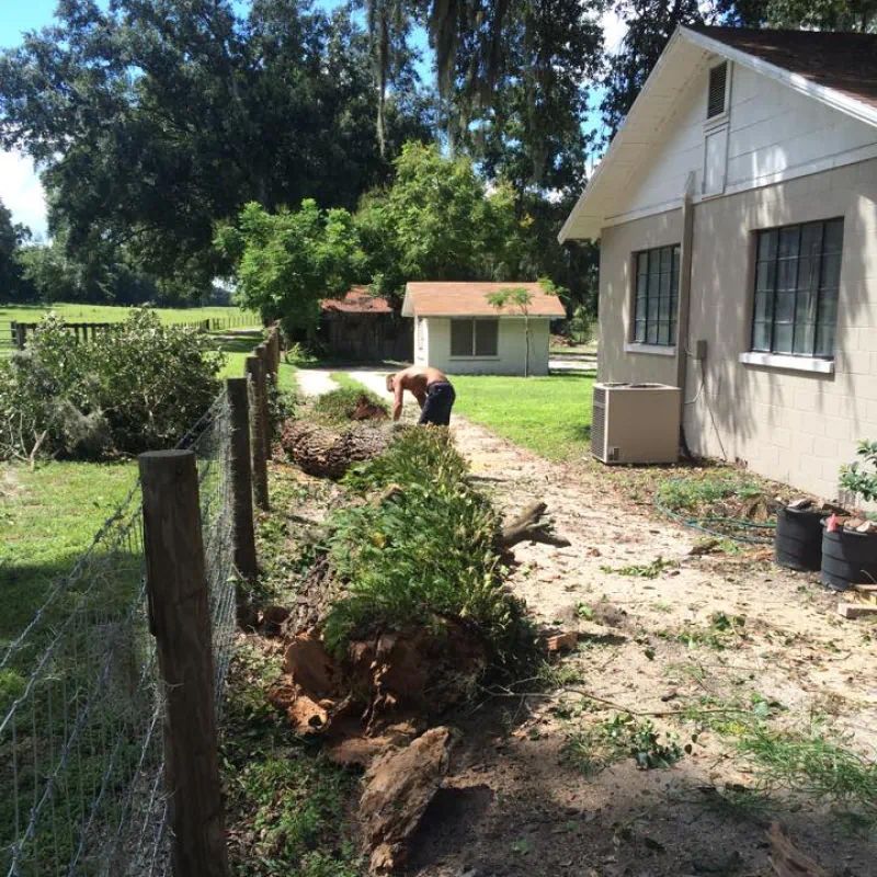 Person clearing debris near a house and fence on a sunny day.