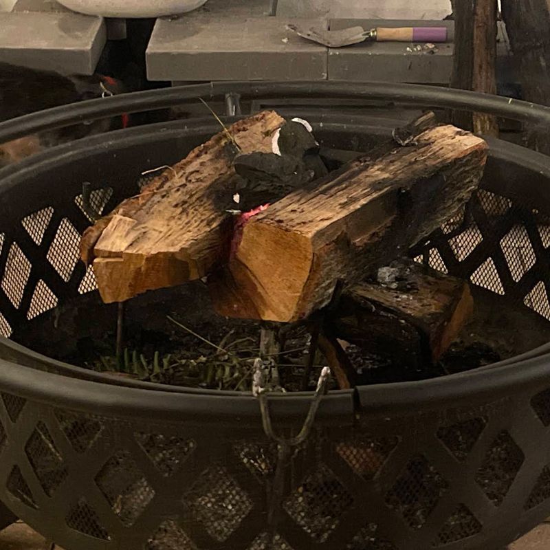 Fire pit with burning wood.