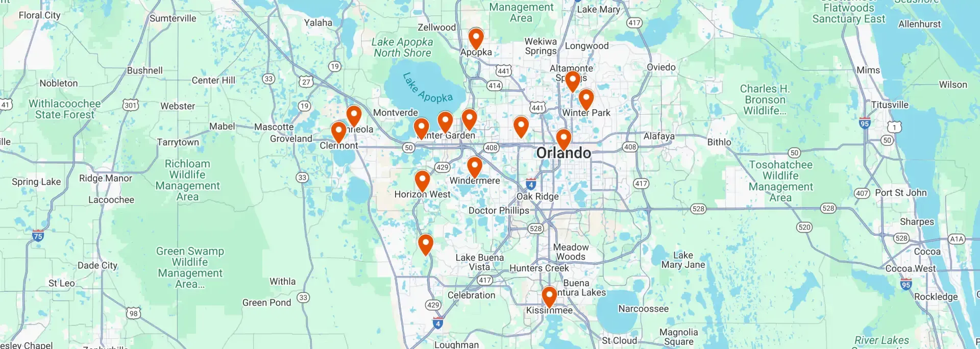 Map of Orlando with orange location markers.