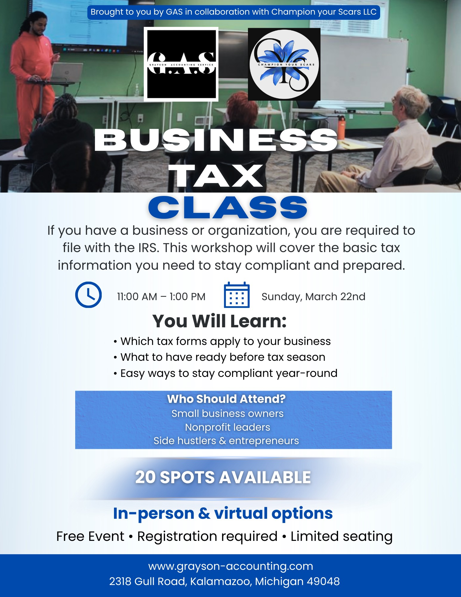 The flyer for our Business Tax class