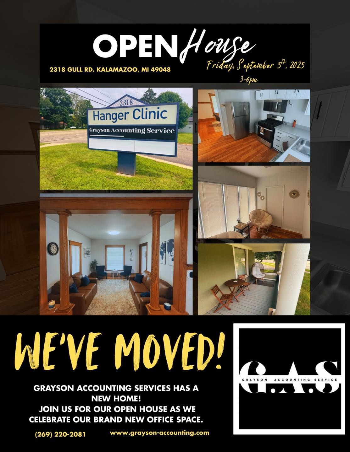 Open house announcement for Grayson Accounting Services, moved to a new office.
