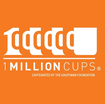The logo for 1 million cups is orange and white
