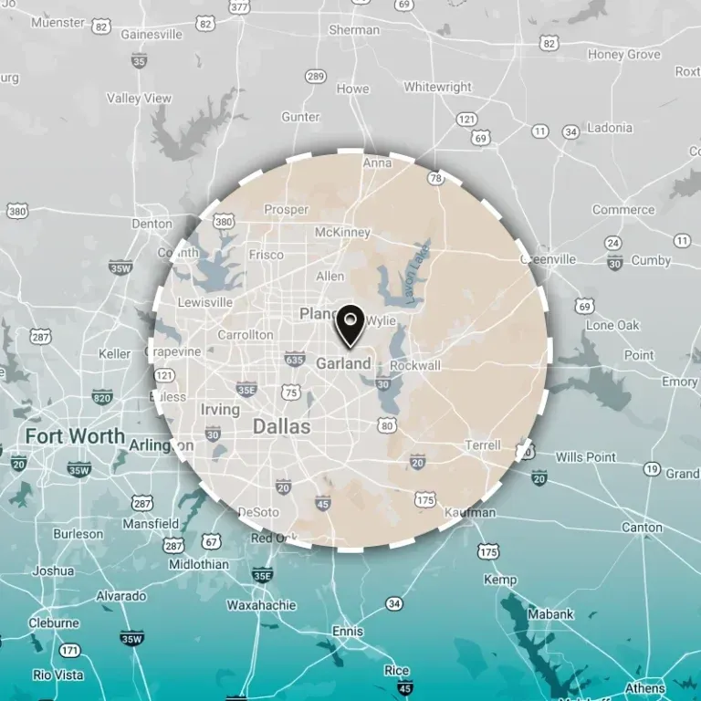 Map of Dallas with a circular highlighted area, centered near Plano.
