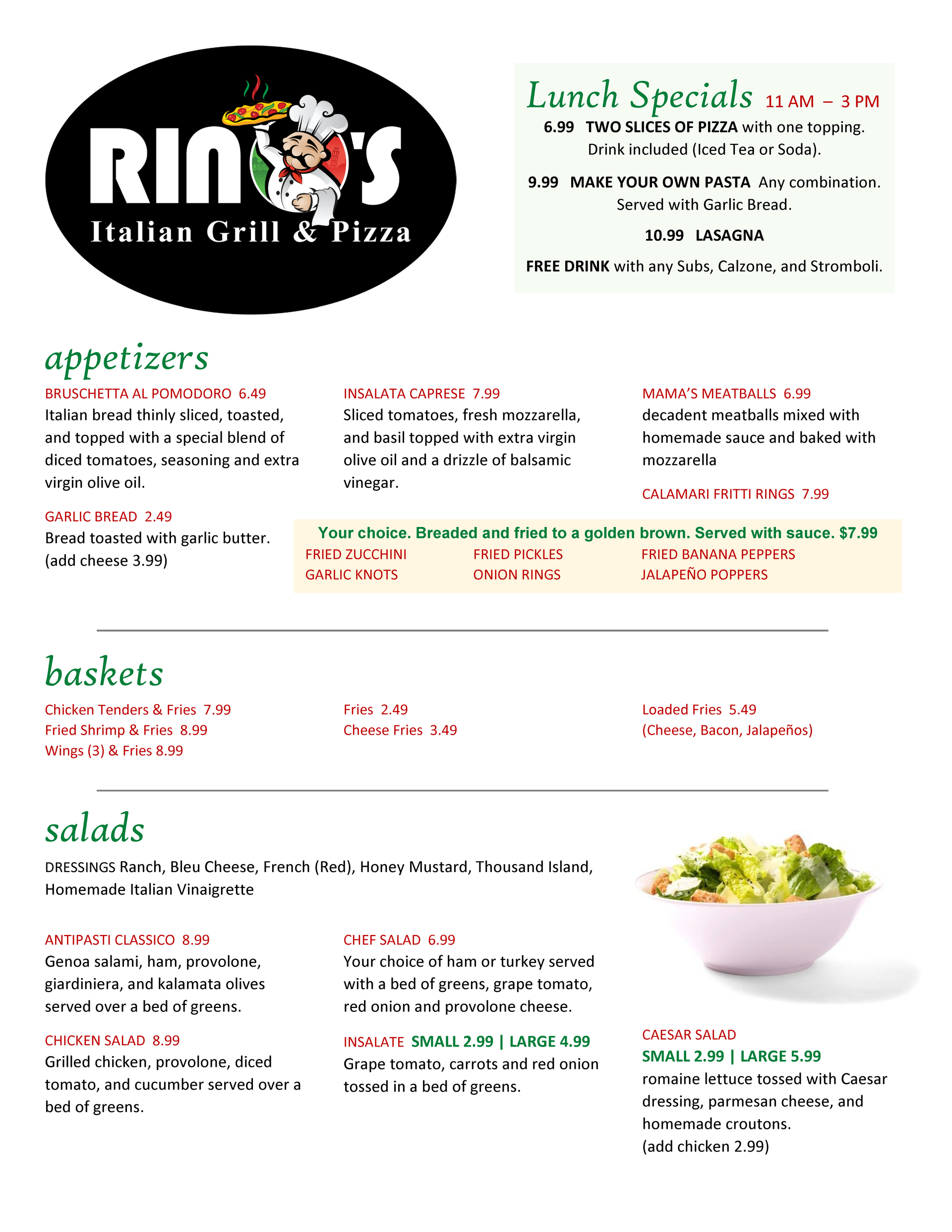 Menu Page 1 — Creedmoor, NC — Rino's Italian Grill and Pizza