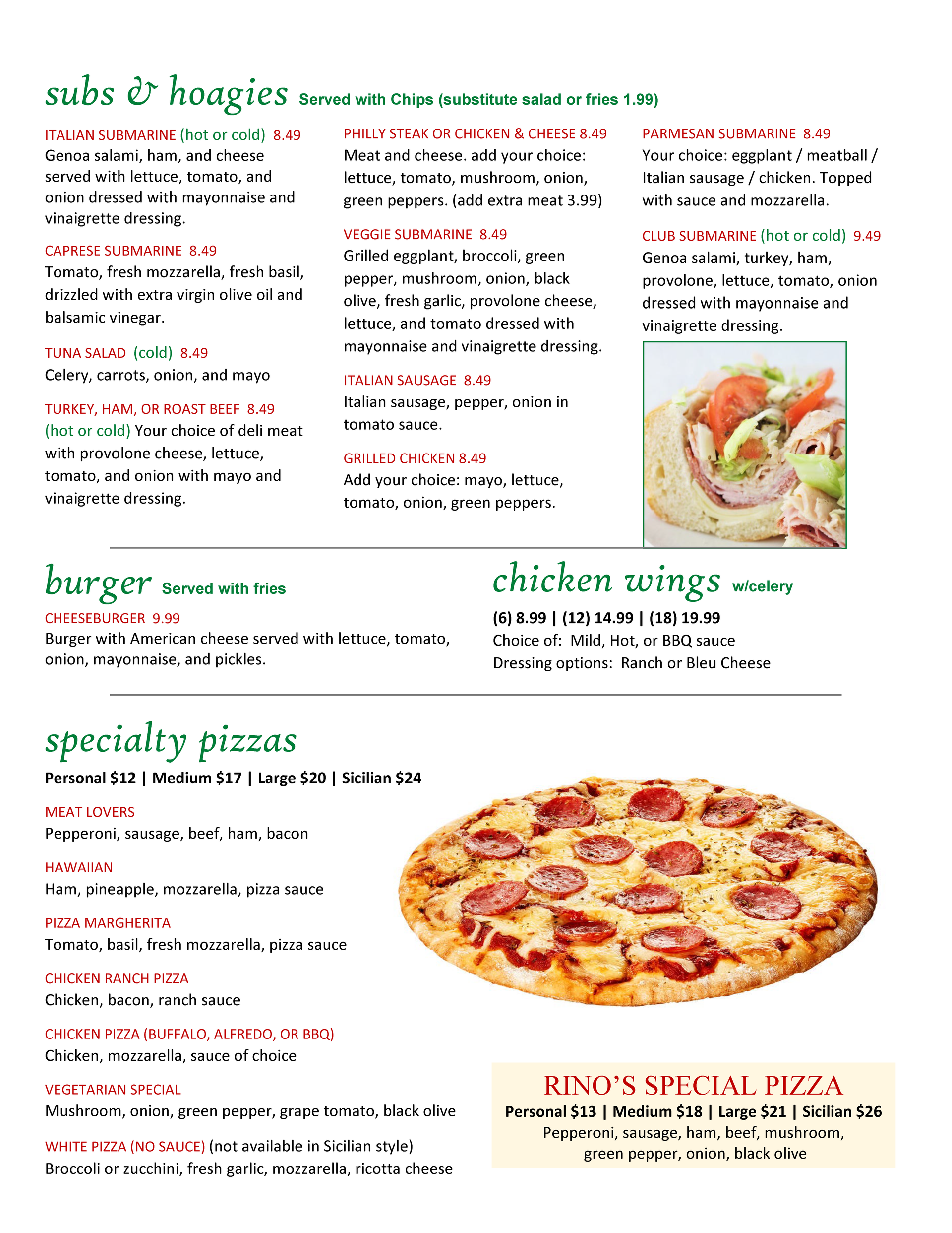 Menu Page 2 — Creedmoor, NC — Rino's Italian Grill and Pizza