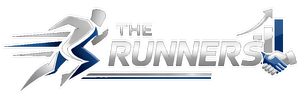 A silver and blue logo of a person running toward a handshake, with the text "THE RUNNERS" underneath.