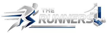 A silver and blue logo of a person running toward a handshake, with the text "THE RUNNERS" underneath.