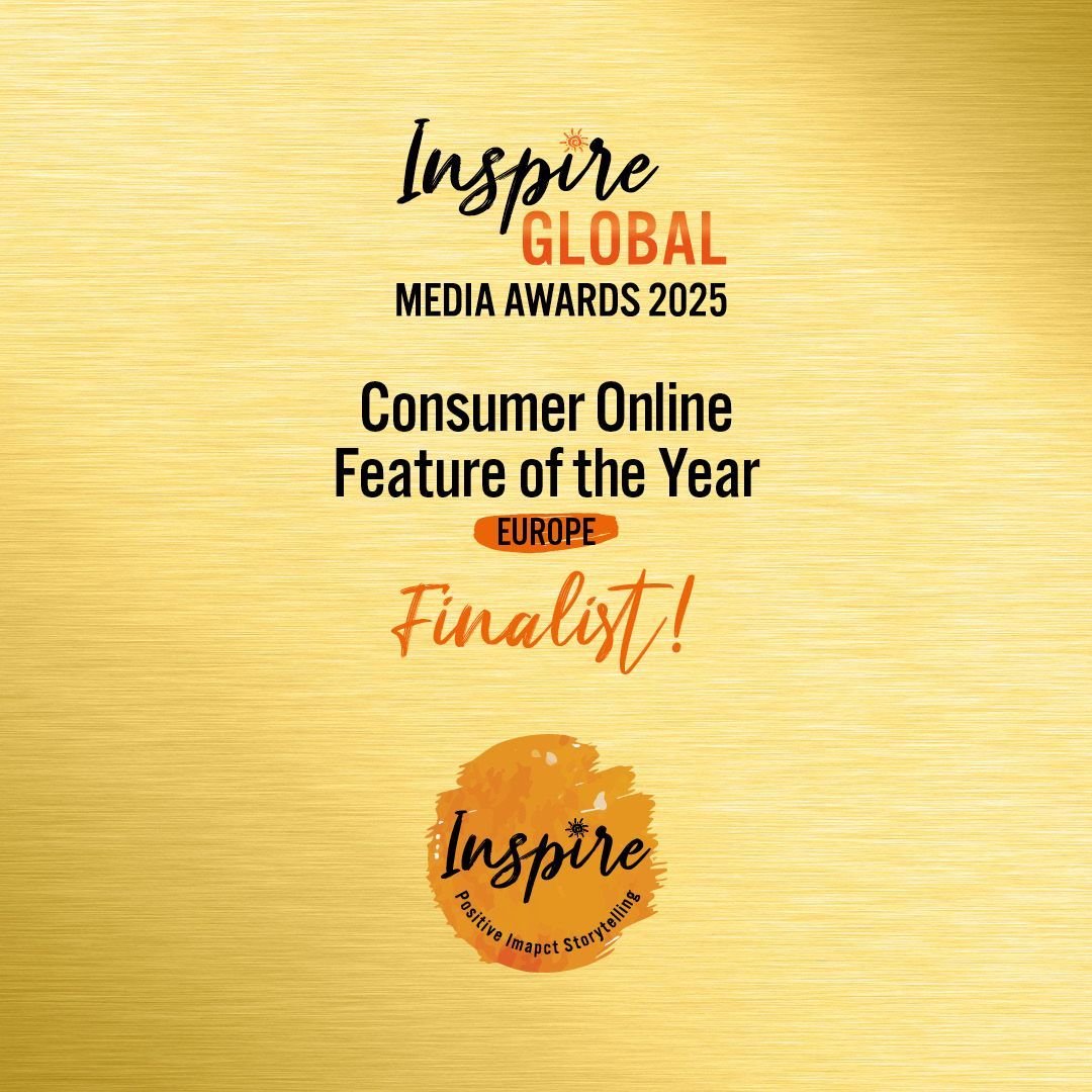 A gold plaque that says inspire global media awards 2025 consumer online feature of the year europe finalist !
