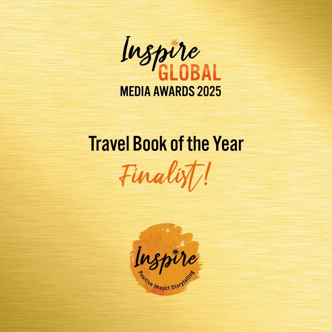 A gold background with the words `` inspire global media awards 2025 travel book of the year finalist ! ''