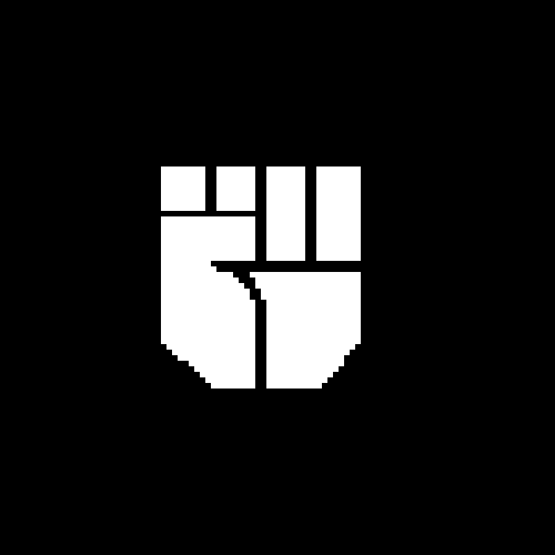 White, stylized clenched fist on a black background.
