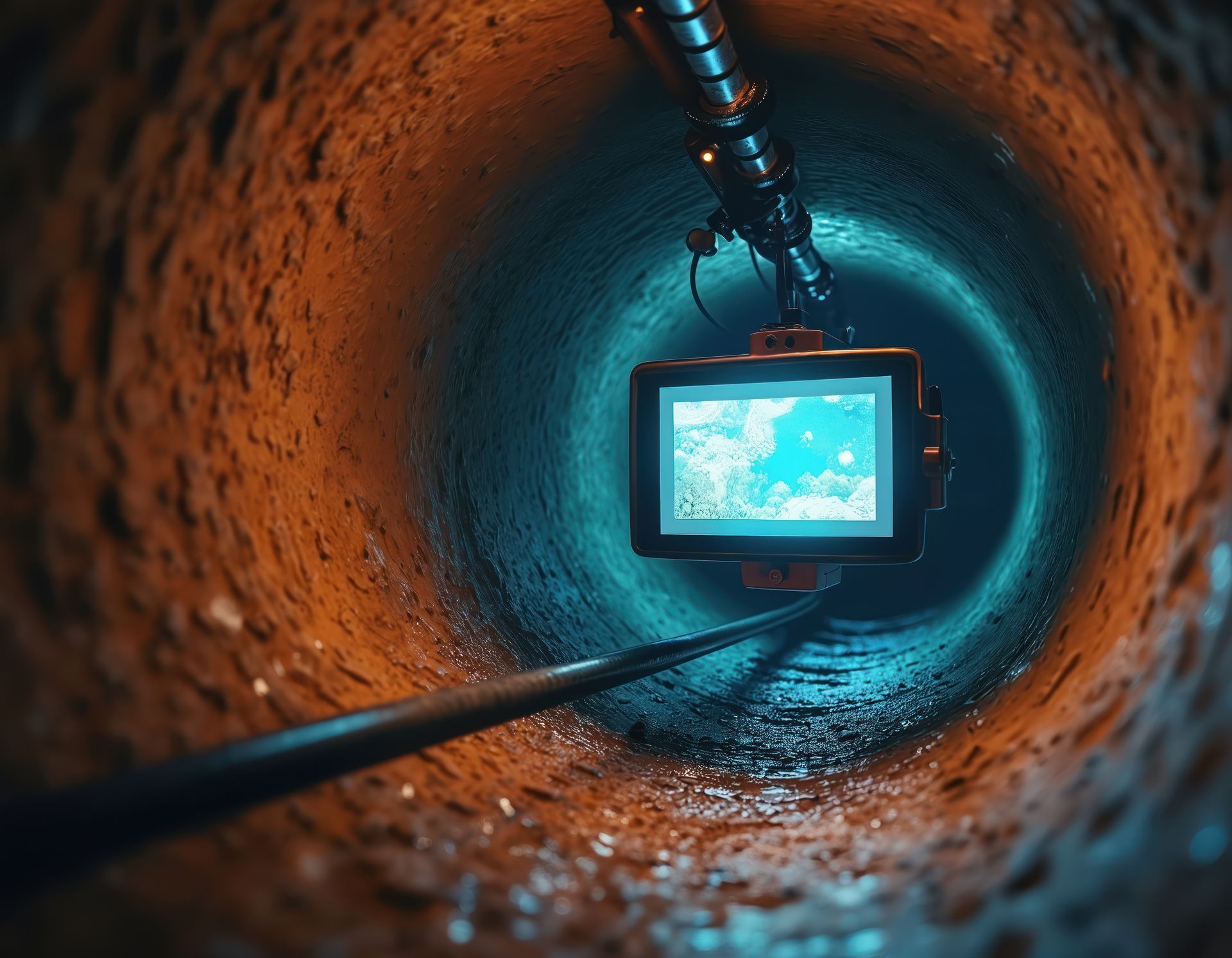 A camera with a screen inside a dark, cylindrical tunnel; the screen shows a bright blue view.