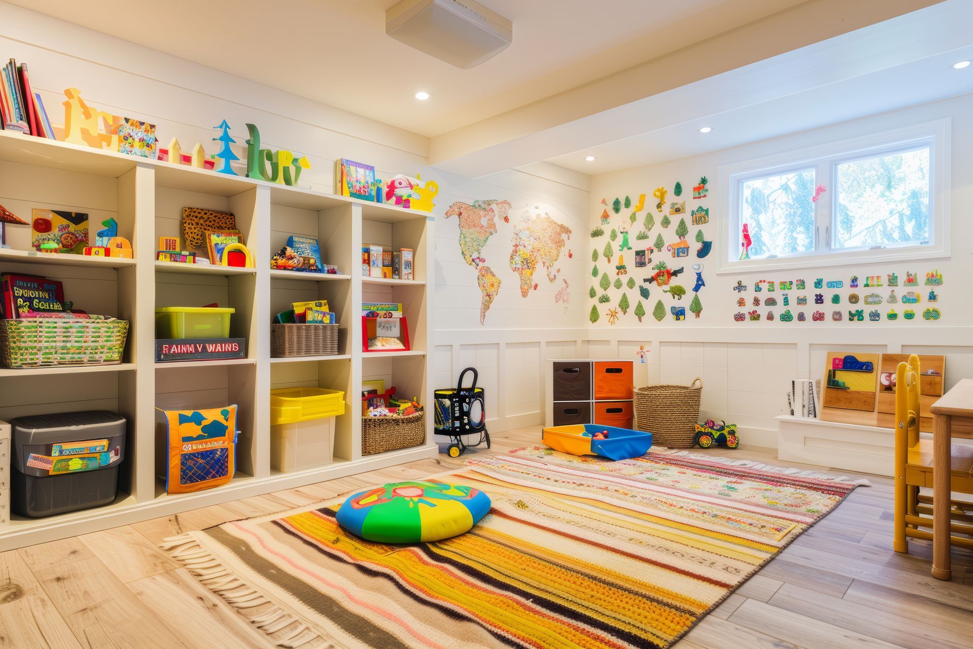 A play room filled with lots of toys and a rug.