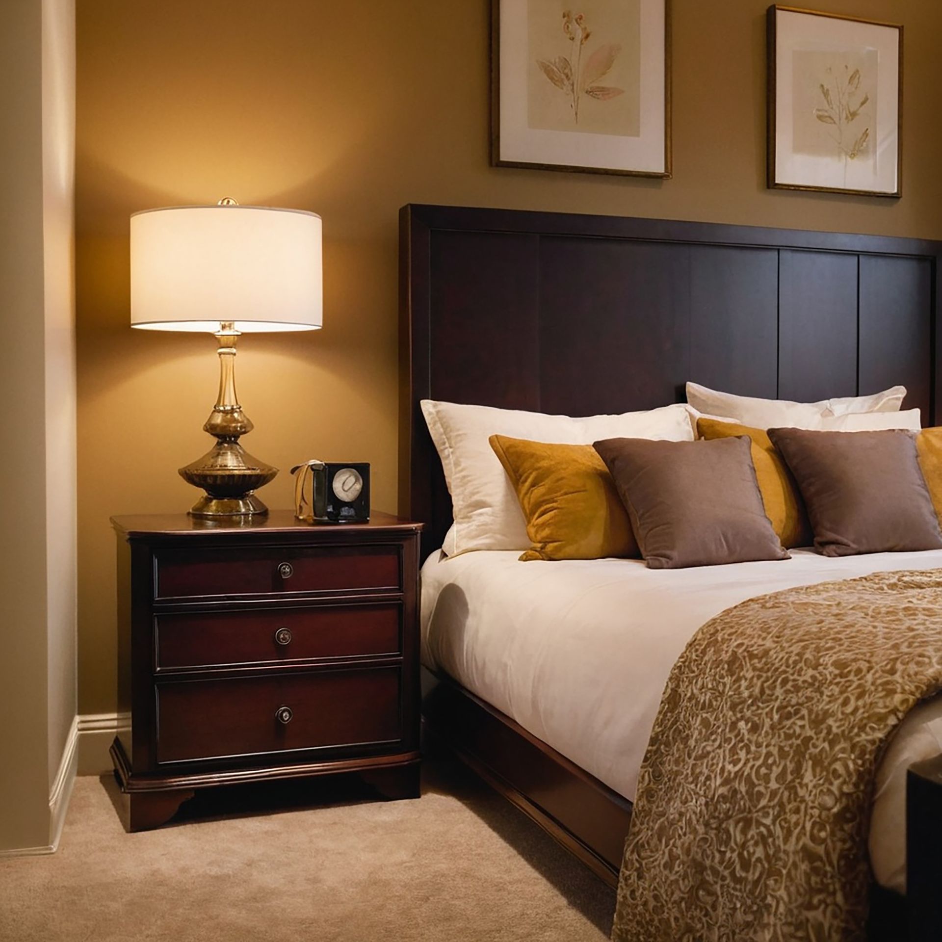 A bedroom with a bed a nightstand and a lamp