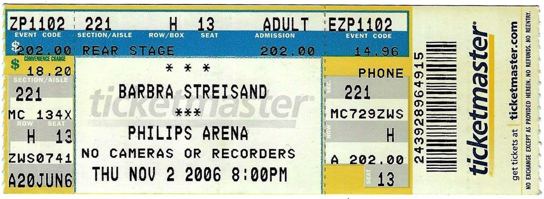 Ticket to Streisand's 2006 Atlanta Philips Arena concert