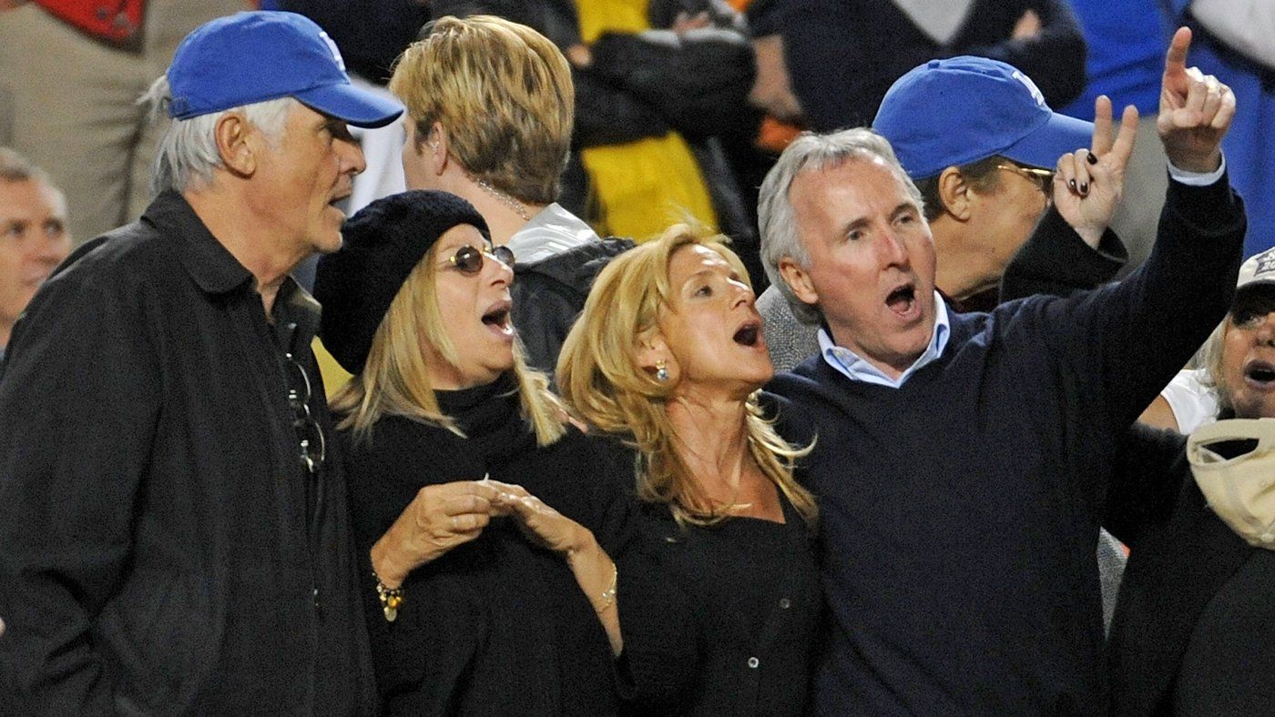 James Brolin, Barbra Streisand, Jamie McCourt and owner of the Los Angeles Dodgers Frank McCourt watch Game Four against the Philadelphia Phillies in the National League Championship Series during the 2008 MLB playoffs on October 13, 2008 at Dodger Stadium in Los Angeles.