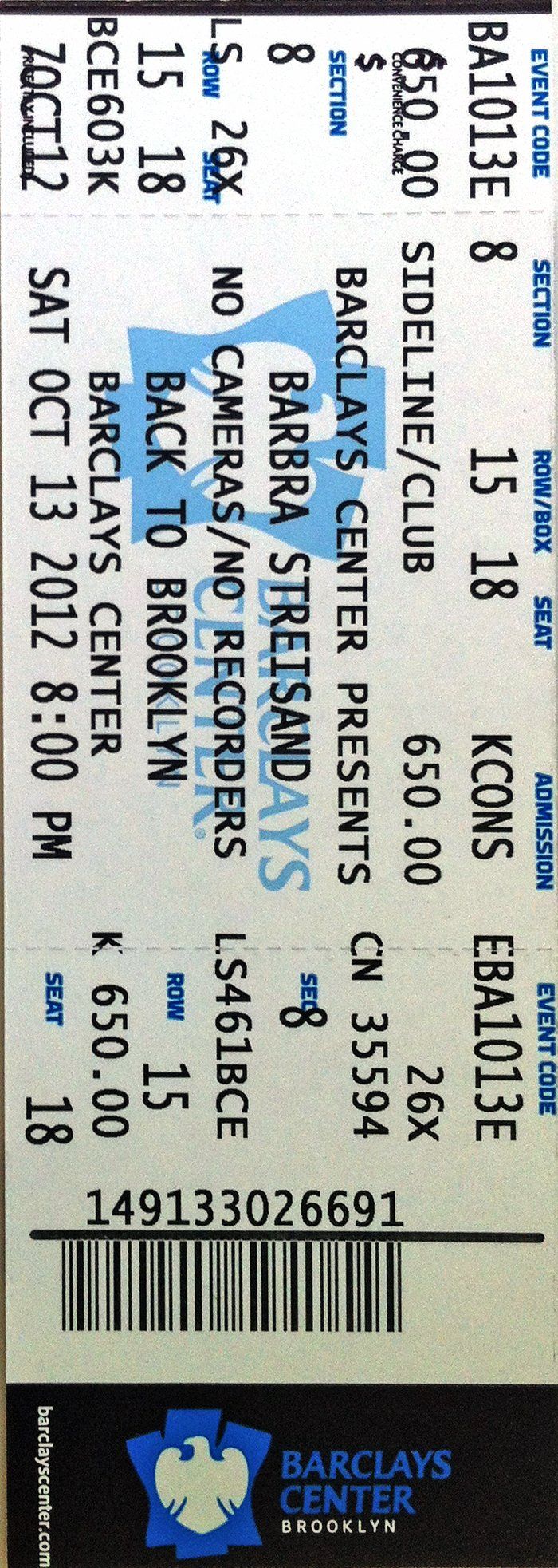 2012 Brooklyn Streisand ticket stub
