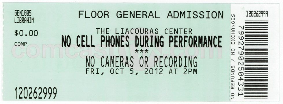 Photo of the ticket to Streisand's Invited Dress Rehearsal on October 5, 2012.