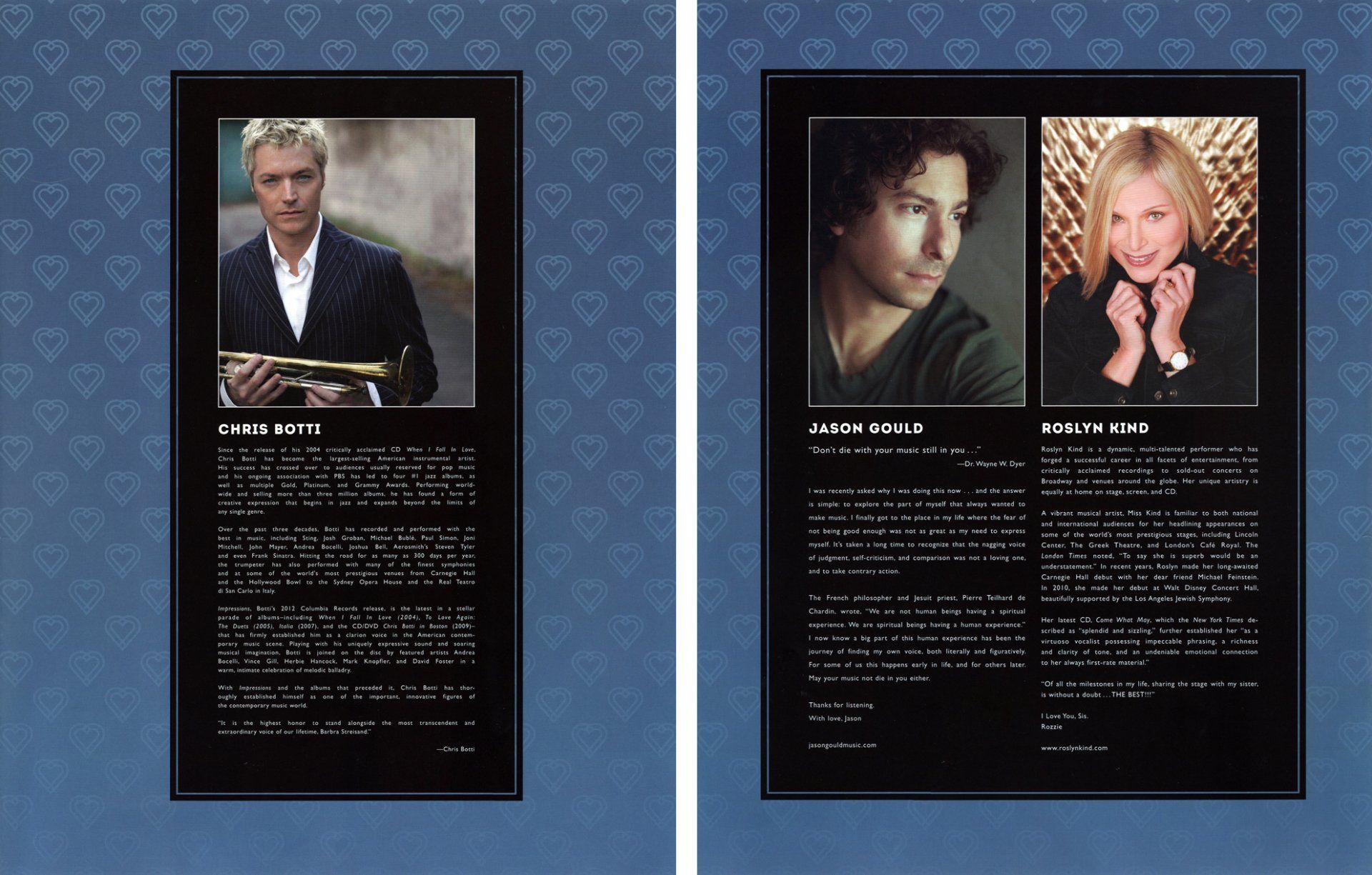 Front and back of the Europe program insert featuring photos and bios for Botti, Gould, and Kind.