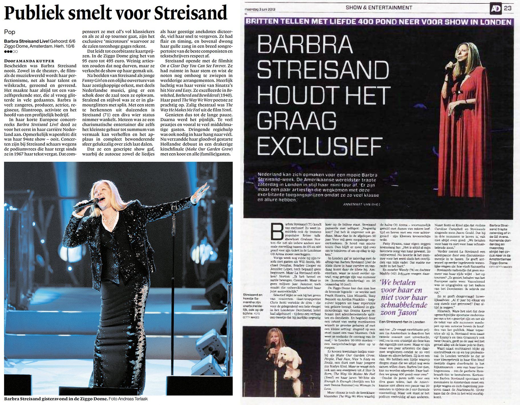 Amsterdam newspaper reviews of Barbra Streisand concert, 2013.