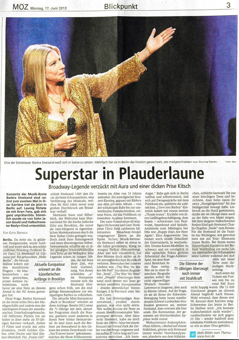 Berlin newspaper review of Barbra Streisand concert, 2013.