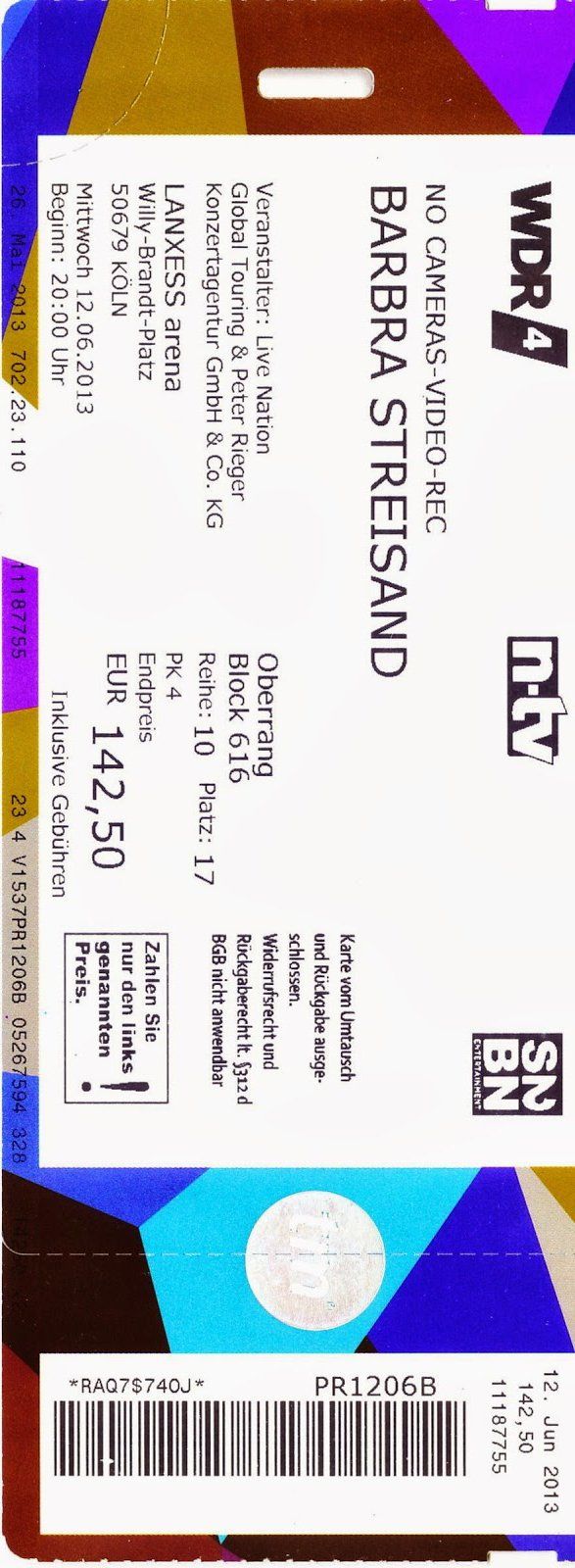 Concert ticket to Cologne 2013 Streisand show