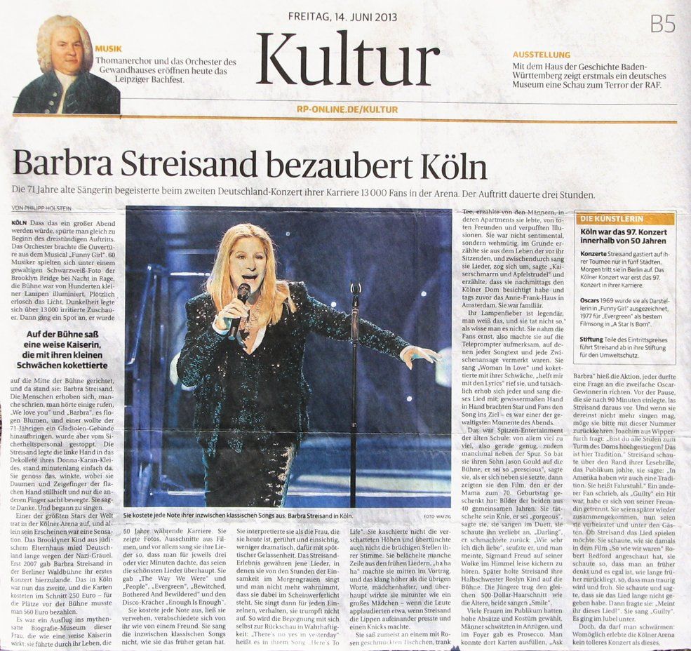 Köln newspaper review of Barbra Streisand concert, 2013.