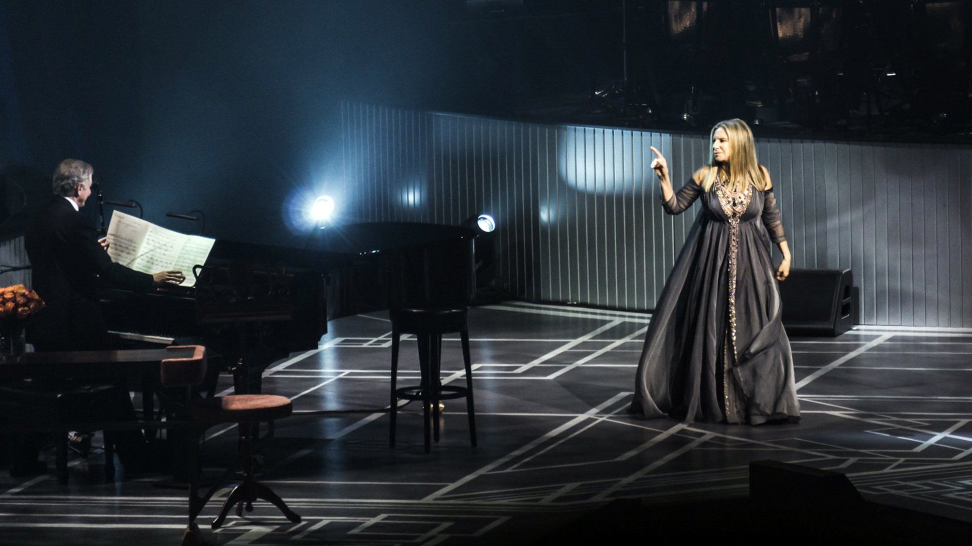 Randy Waldman and Streisand on stage at Brooklyn's Barclays Center, 2016.