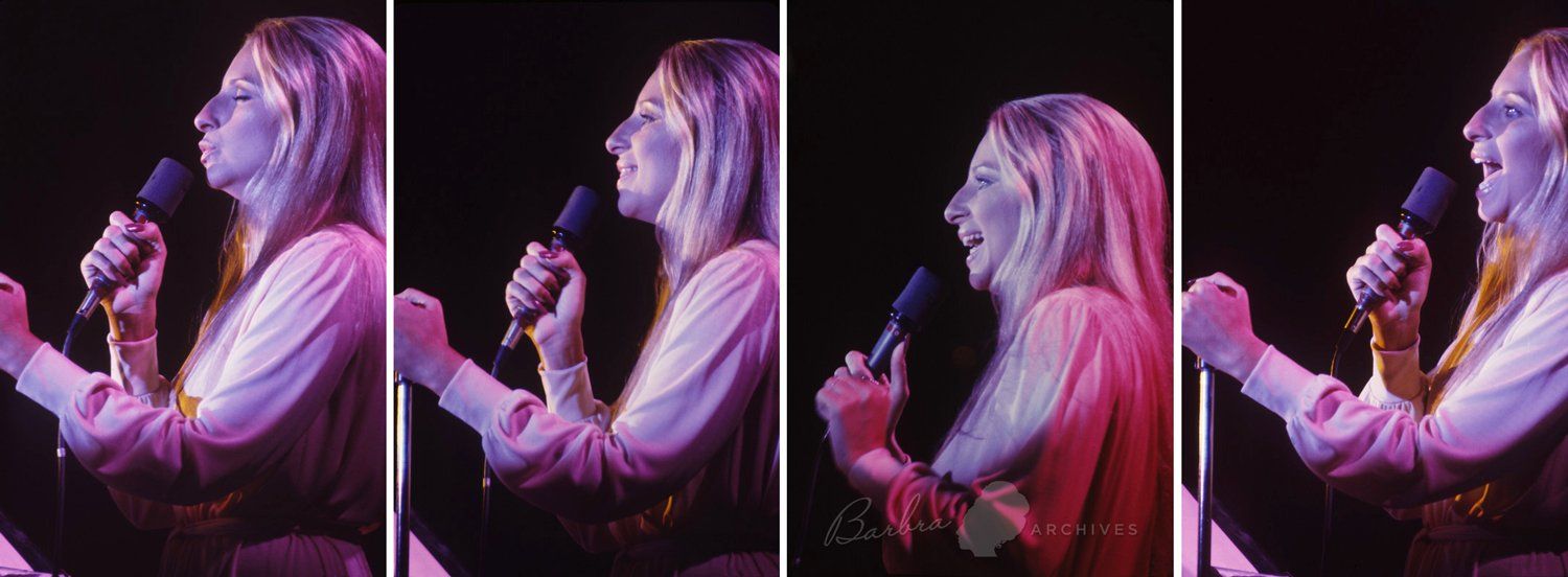Profile photo of Streisand singing at the 1974 Columbia Records convention.