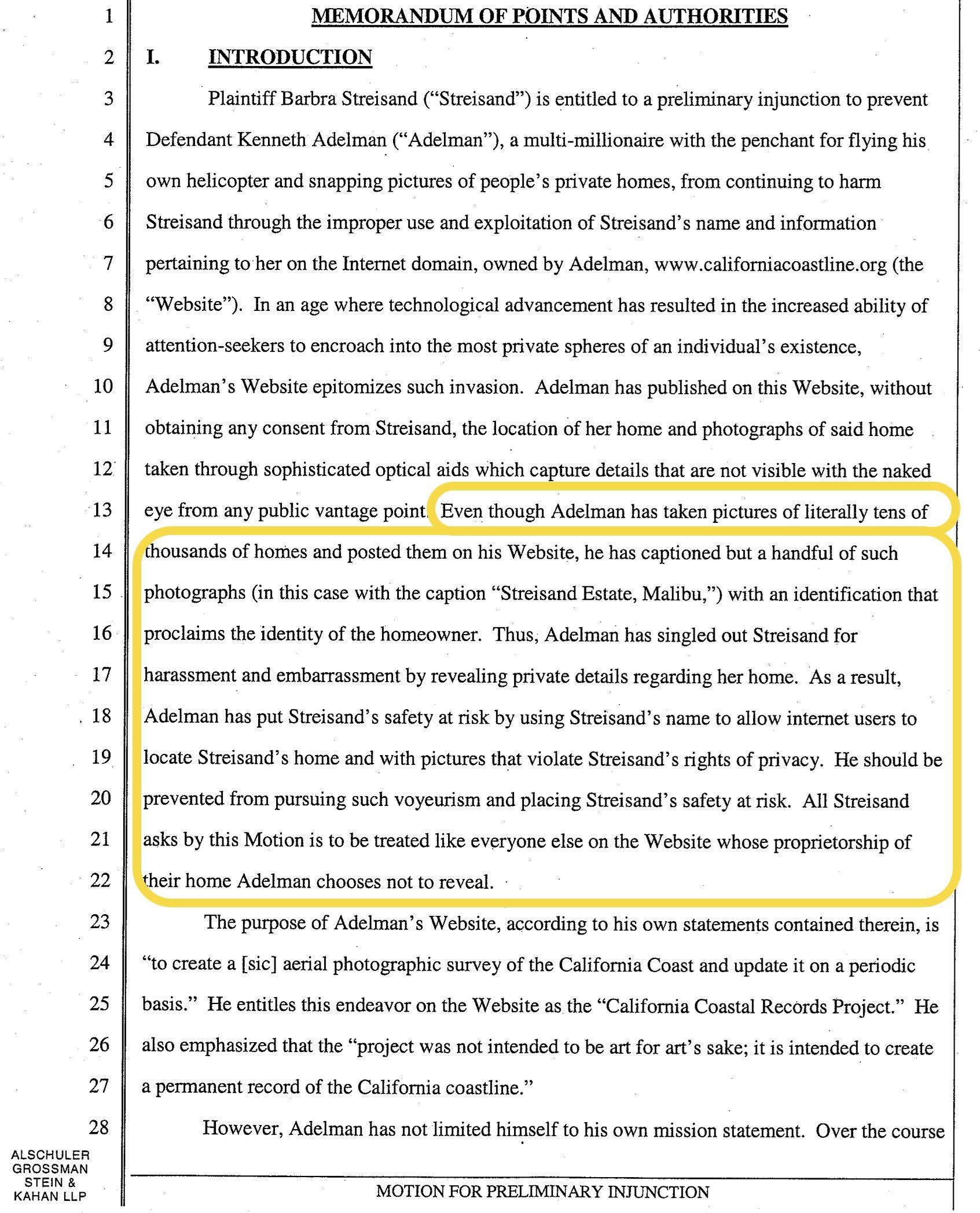 Image from 2003 plaintiff's motion for preliminary injunction with Streisand's quotes highlighted.