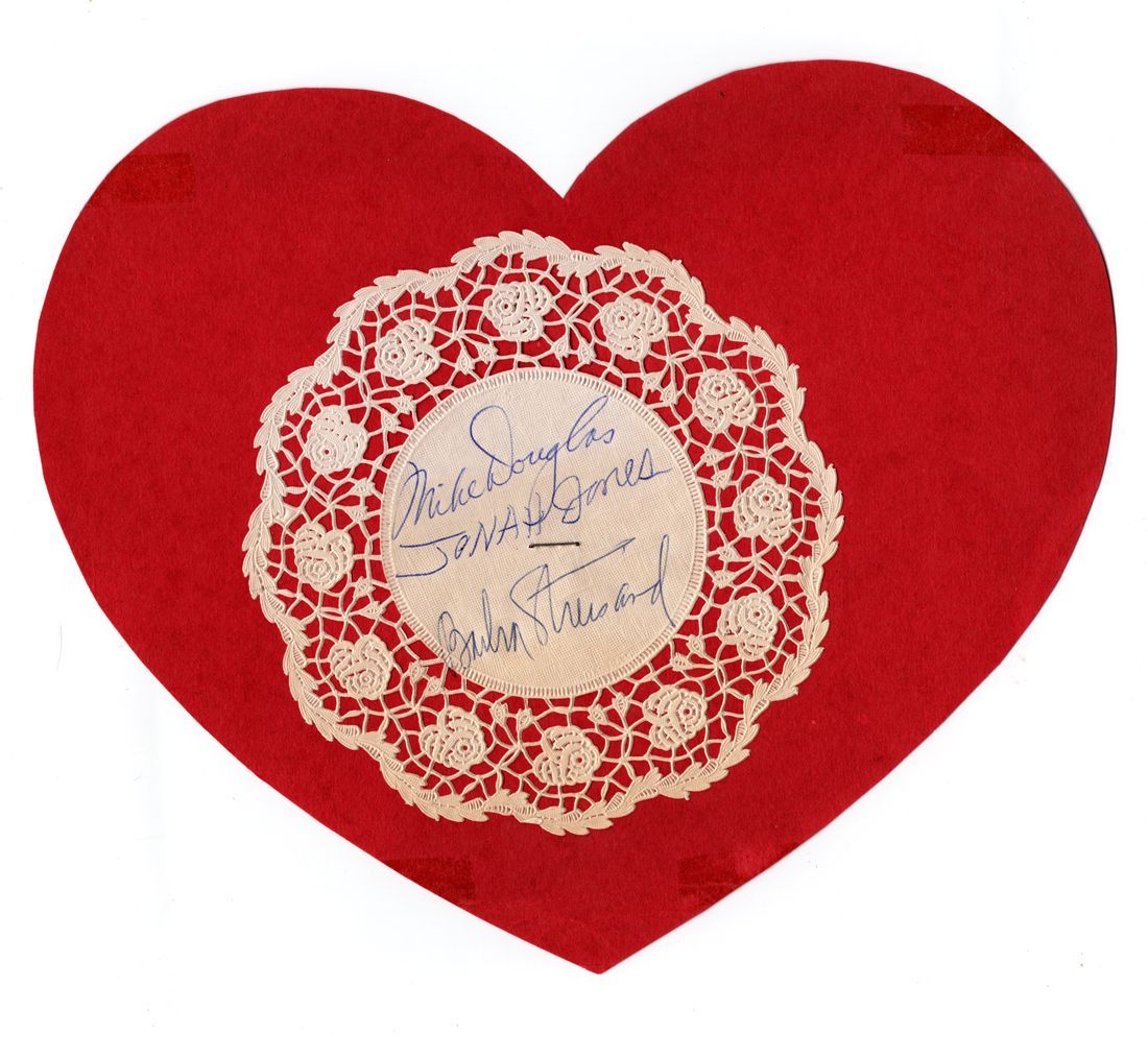 Red paper and doily valentine heart signed by Mike Douglas, Jonah Jones, and Barbra Streisand.
