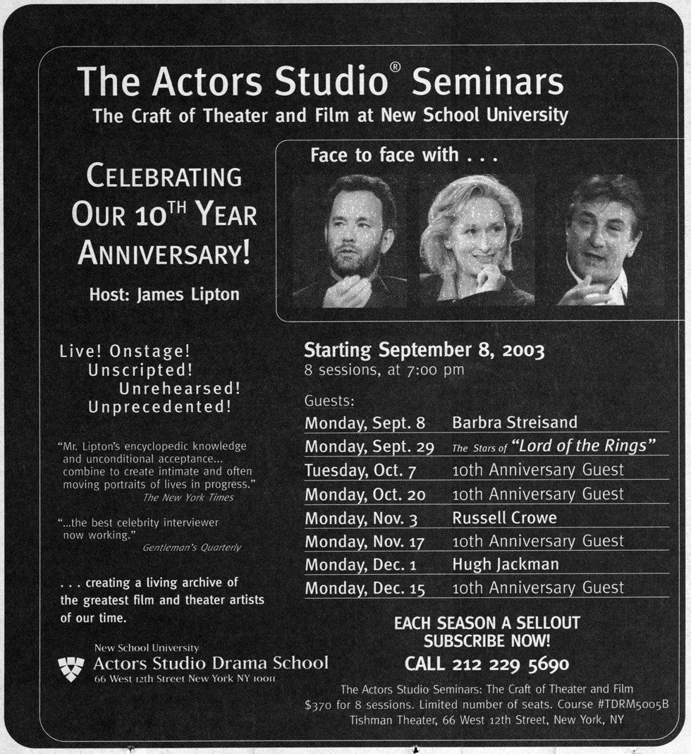 2003 New York Times ad for the Actors Studio seminars with Streisand.