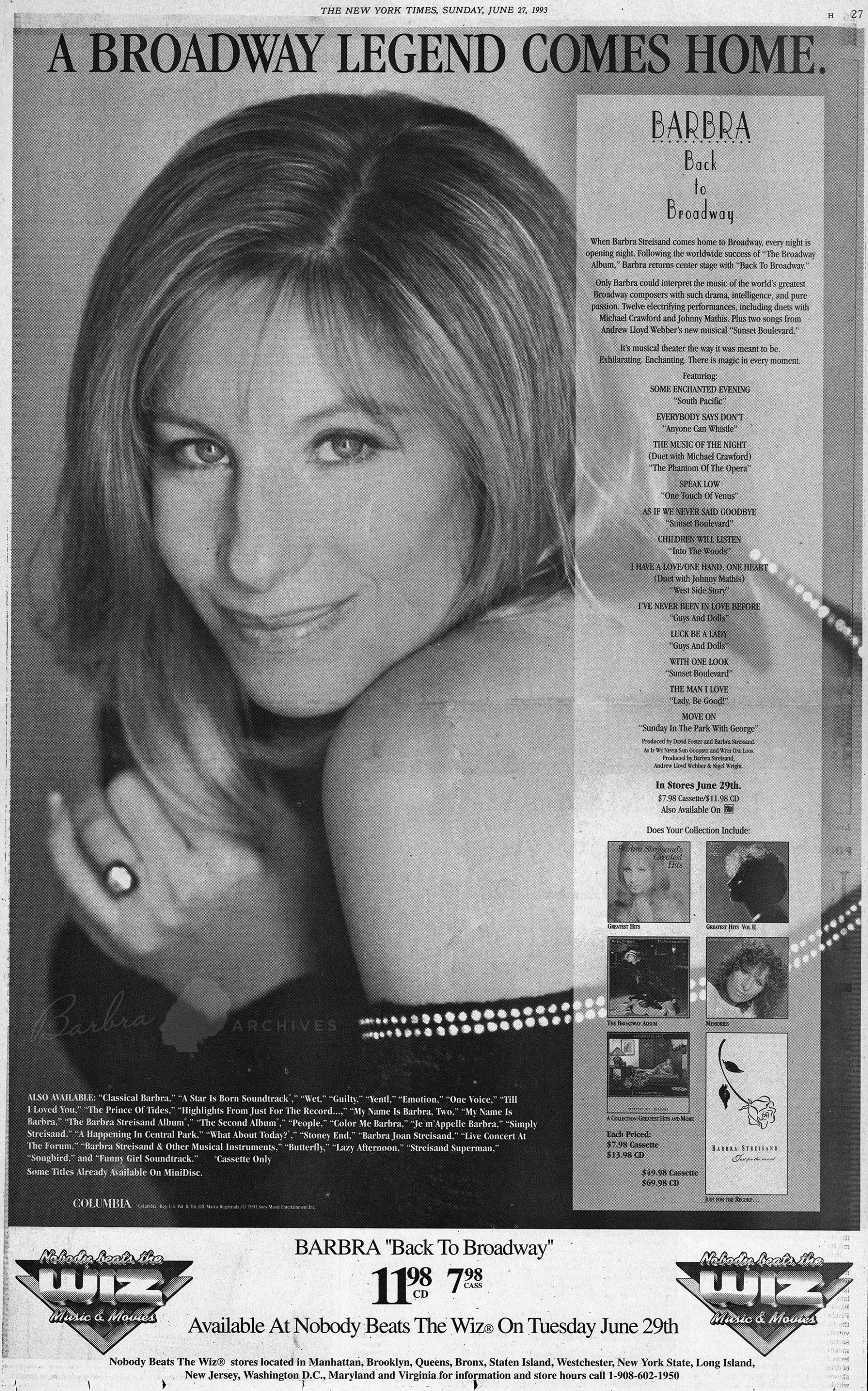 New York Times ad for Back To Broadway album