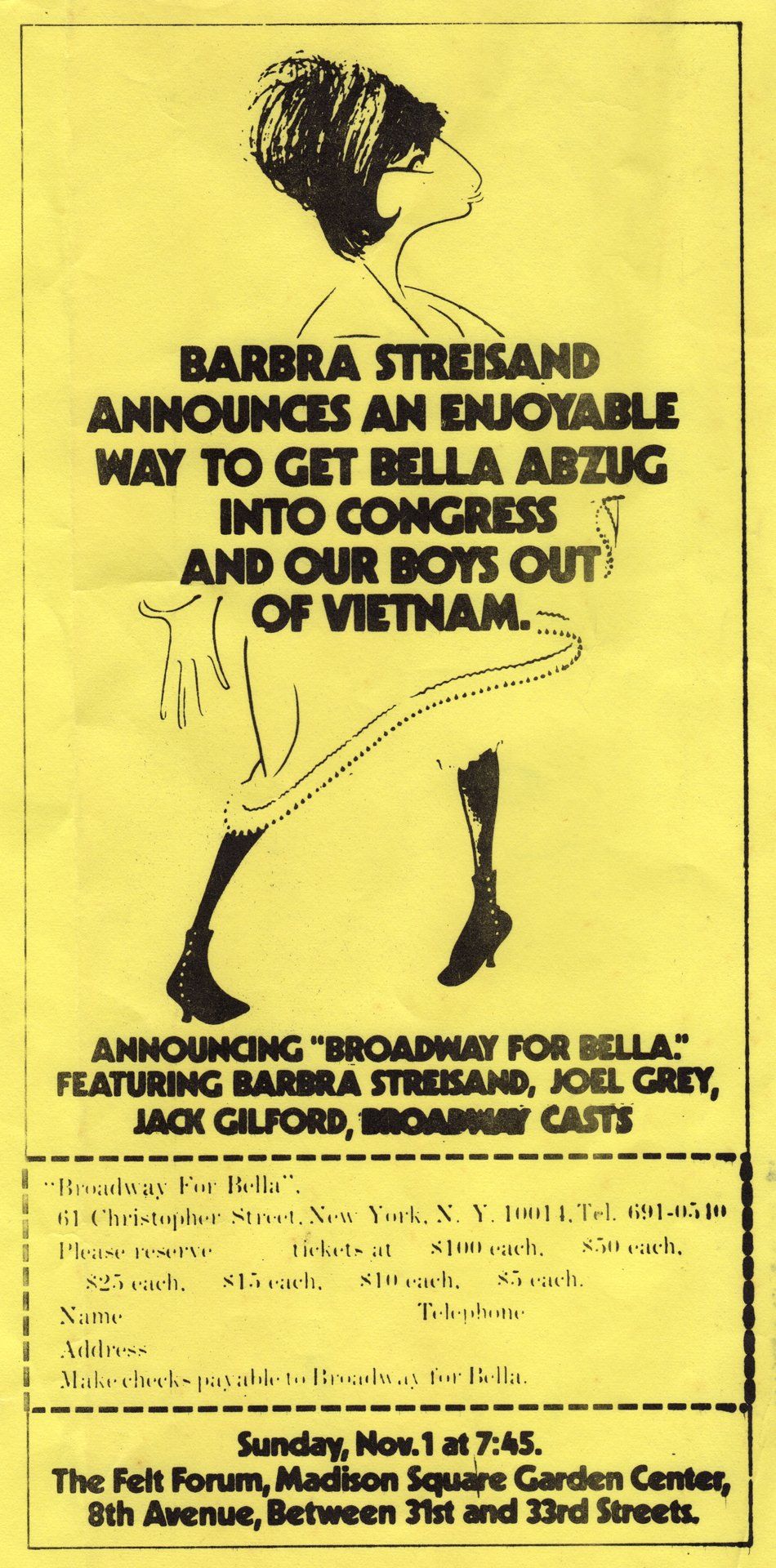 Yellow flyer advertising tickets to Barbra Streisand singing for Bella Abzug