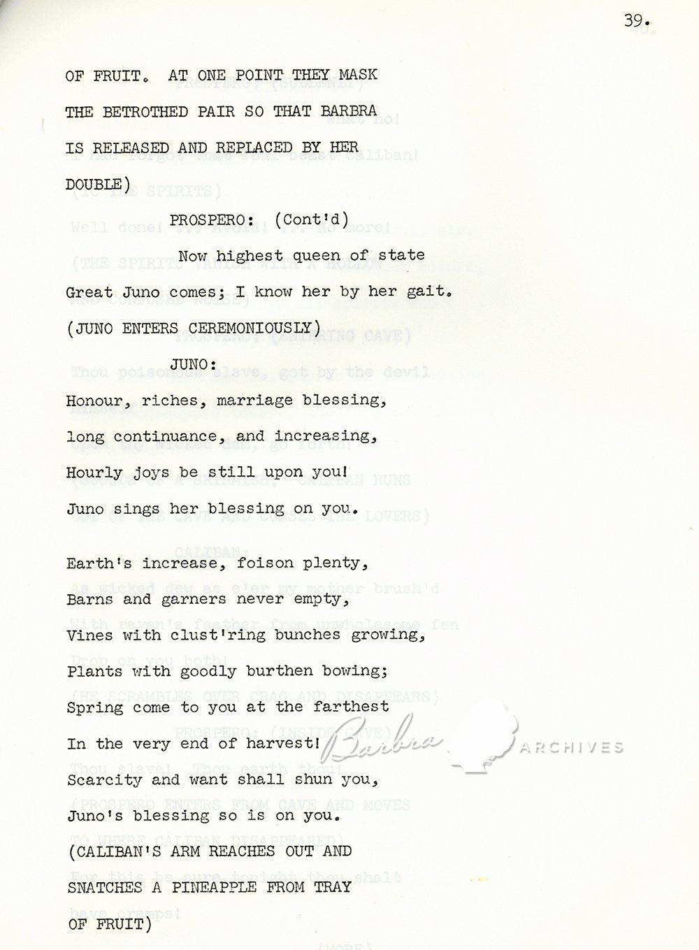 a page of the Belle of 14th Street script with the cut scene from The Tempest.
