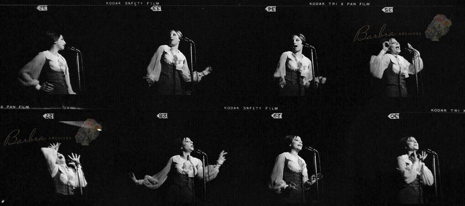 Photography proof sheet of Barbra Streisand, snapped performing on stage at the Blue Angel in New York City, 1962.