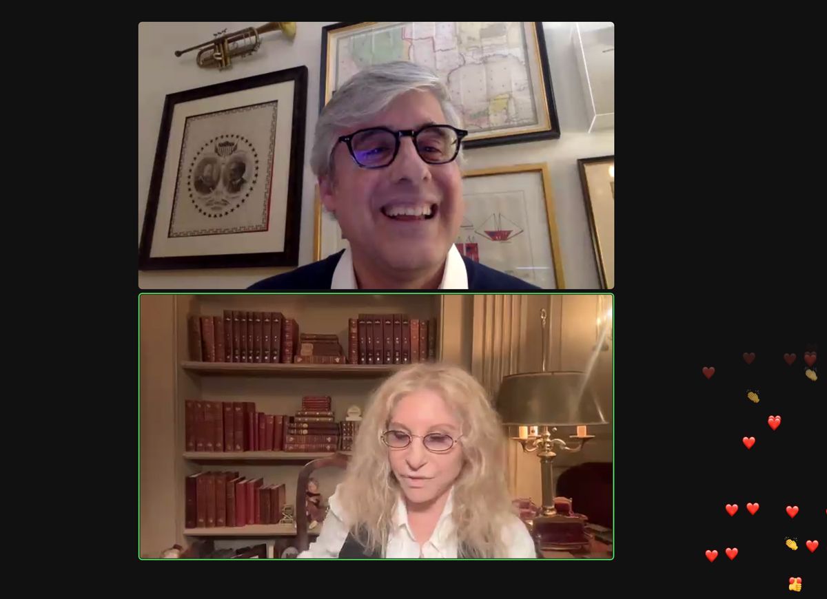 Mo Rocca interviewing Streisand on screen.