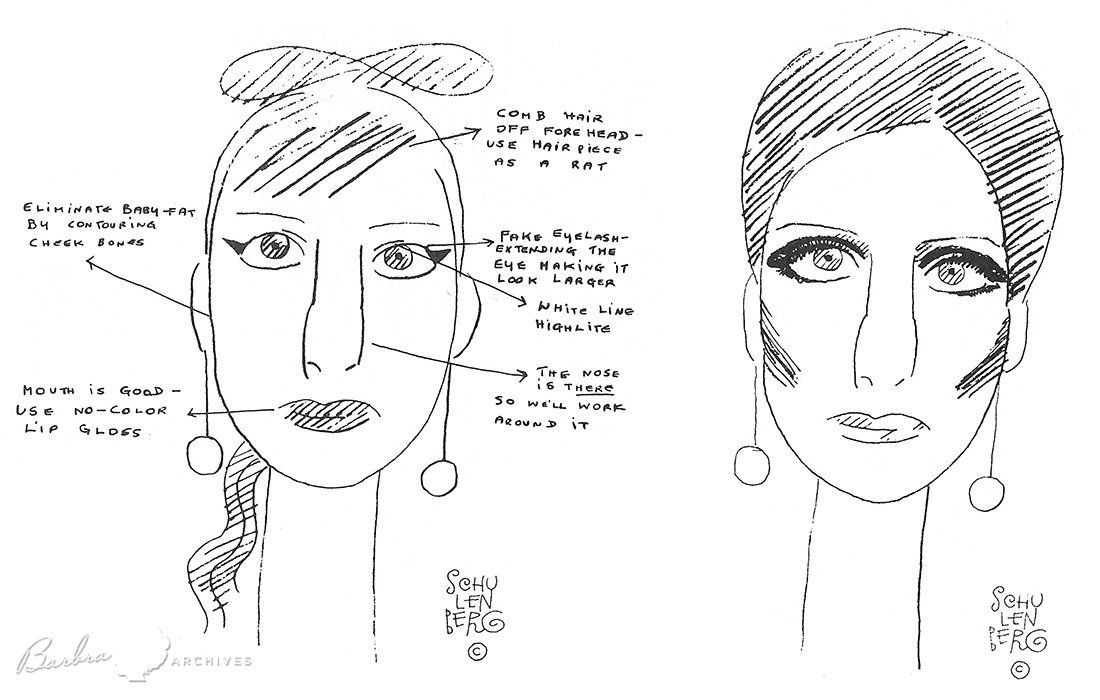 Sketches of Streisand's makeup makeover by Bob Schulenberg