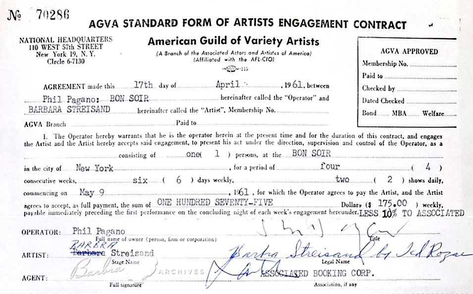 1961 AGVA contract for Streisand to perform at the Bon Soir
