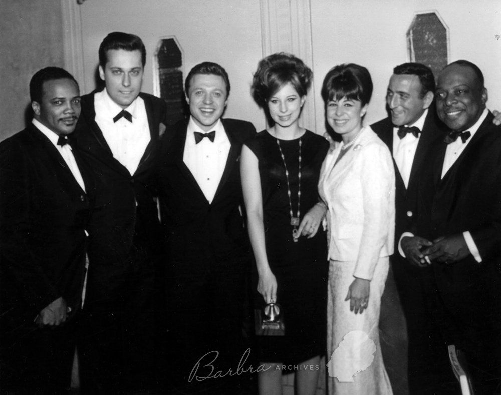 Left-to-right are Quincy Jones, Jack Jones, Steve Lawrence, Barbra, Eydie Gormé, Tony Bennett, and Count Basie.