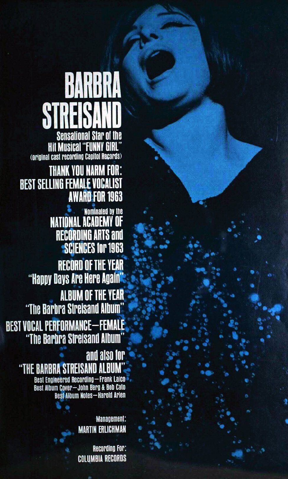 Thank You ad for nominations and awards for The Barbra Streisand Album