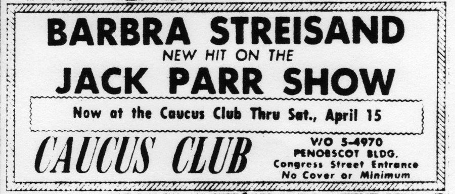 Caucus Club newspaper ad with Barbra Streisand listed