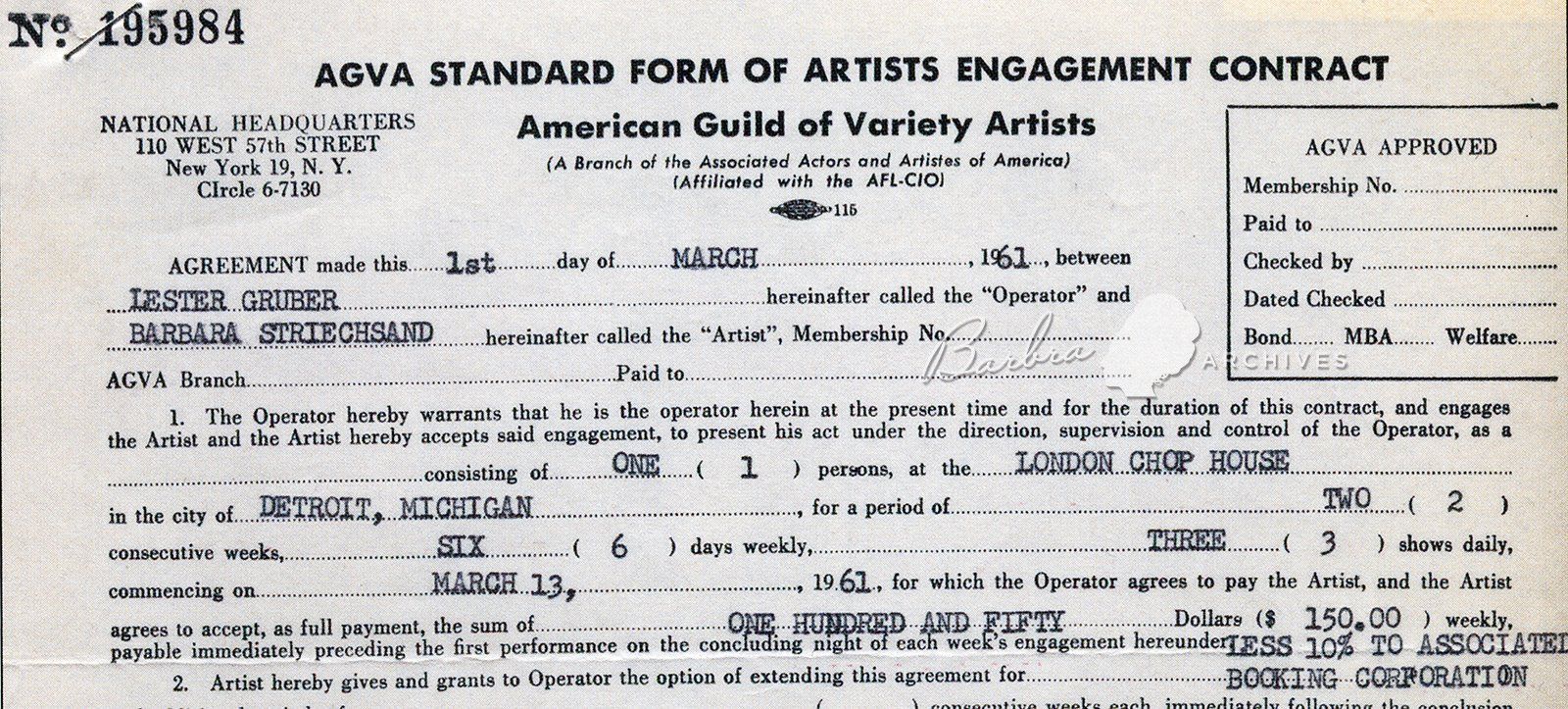 Close Up of AGVA contract between the Caucus Club and Barbra Streisand in 1961